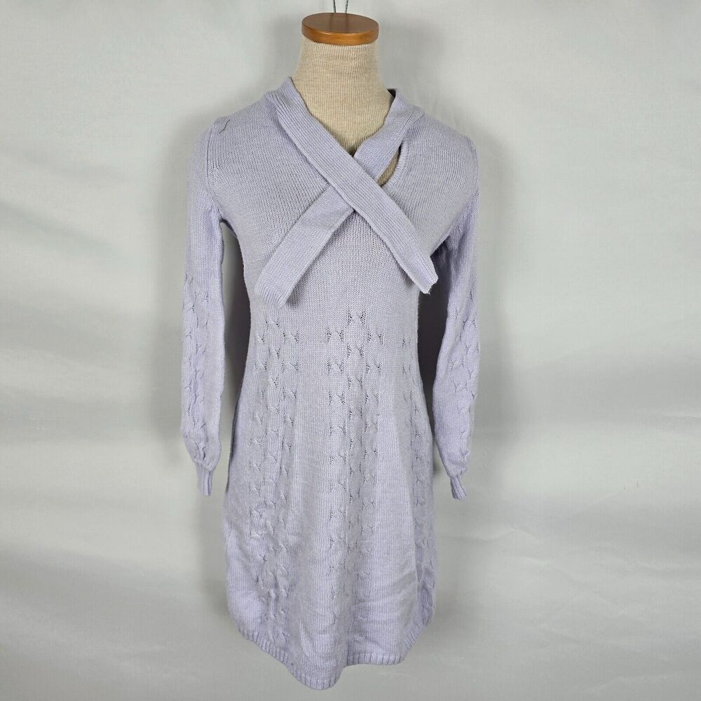 Calvin Klein Sweater Dress Women's S Purple Lavender Knit Neck Tie Long Sleeve